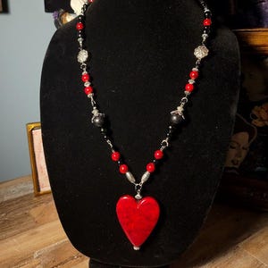 Handmade Silver, Black and Red Heart Pendant Necklace