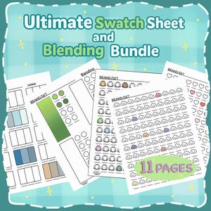 May include: A set of printable swatch sheets and blending guides. The sheets include colour swatches, blending charts, and various design elements. The text "Ultimate Swatch Sheet and Blending Bundle" is at the top, with "11 PAGES" at the bottom.