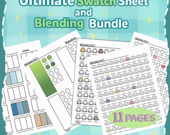 Puede incluir: Un conjunto de hojas de muestras y guías de mezcla imprimibles. Las hojas presentan muestras de color, gráficos de mezcla y varios elementos de diseño. El texto "Ultimate Swatch Sheet and Blending Bundle" se muestra en la parte superior, con "11 PAGES" en la parte inferior.