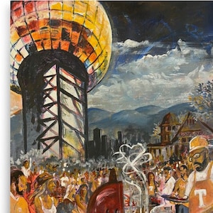 Puede incluir: Una pintura que representa a una multitud de personas reunidas frente a una torre alta y colorida. Una persona que lleva un delantal rojo está asando comida en una parrilla. La escena se desarrolla con el telón de fondo de un horizonte urbano y montañas.