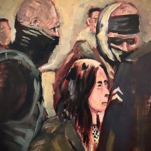 May include: An oil painting depicts a group of people, some with obscured faces. The artwork features a somber palette of browns, blacks, and muted tones. The brushstrokes are visible, adding texture to the figures and clothing. The artist's signature is in the lower right corner.