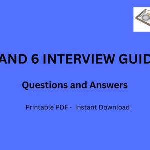 Può includere: Sfondo blu con il testo "BAND 6 INTERVIEW GUIDE" e "Questions and Answers". È presente anche il testo "Printable PDF - Instant Download". Una piccola immagine di un appunti con una lente d'ingrandimento, una matita e una penna si trova nell'angolo in alto a destra.