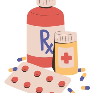 Può includere: Illustrazione di farmaci da prescrizione, tra cui una grande bottiglia rossa e bianca con un simbolo Rx, una piccola bottiglia gialla con una croce rossa, un blister di pillole rosse e capsule blu e gialle sparse.