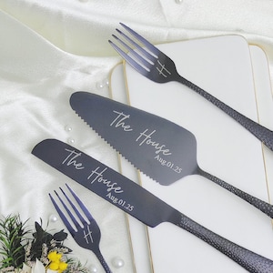 Engraved Cake Cutting Serving, Wedding Cake Cutting Set With Forks, Anniversary Gift, Gift For Bride, Bridal Shower Gift, Wedding Keepsake