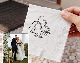 Servilletas personalizadas con diseño lineal para bodas, aniversarios, almuerzos y cenas, con perfil de pareja dibujado a mano.