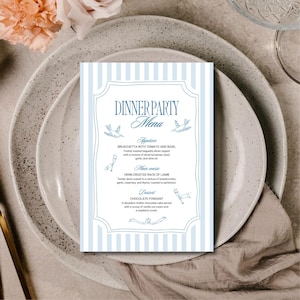modèle de menu de dîner de fête vintage - menu événement floral bleu élégant - Design classique modifiable, menu numérique personnalisé imprimable, modèle canva