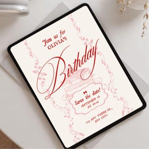 Vintage Geburtstagseinladung - bearbeitbare cremefarbene und rote Canva-Vorlage - Retro druckbare Partyeinladung PDF