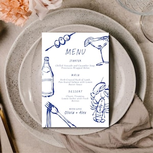 Editable Wedding Menu Template - Blue Sketch Line Art Table Menu - Minimalist Dinner Card, Custom Digital Download, Printable Canva Template