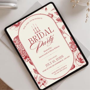 Invitación vintage para despedida de soltera (plantilla editable en Canva en rojo y beige) - Elegante PDF imprimible para despedida de soltera o evento formal