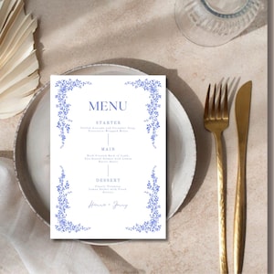 Editable Wedding Menu Template - Blue Sketch Line Art Table Menu - Minimalist Dinner Card, Custom Digital Download, Printable Canva Template