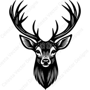 Könnte beinhalten: Schwarz-Weiß-Illustration eines Hirschkopfes mit großem Geweih. Der Hirsch wird in einem detaillierten Linienstil dargestellt, wobei der Fokus auf Gesicht und Geweih liegt. Das Bild hat eine klare, grafische Designästhetik.
