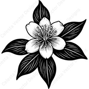 May include: Black and white floral design featuring a detailed flower with six petals and surrounding leaves. The flower's center is intricately detailed, and the leaves have prominent veins. The design is a vector graphic, suitable for various applications.