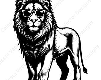 Lion full body portrait clipart with cool sunglasses - 4 digital download svg vector files for cricut silhouette projects