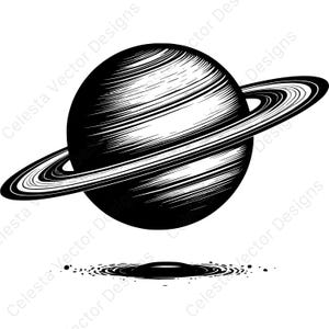Op de afbeelding: Zwart-wit illustratie van Saturnus met ringen en een kleiner, cirkelvormig object eronder. De planeet is gedetailleerd met parallelle lijnen, wat een textuureffect creëert. Vector graphic design.