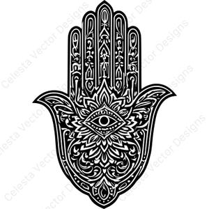 Peut inclure: Illustration en noir et blanc d'une main de Hamsa avec des motifs complexes et un symbole d'œil au centre. Le texte "Celesta Vector Designs" est répété.