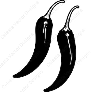 May include: Two black chili peppers with curved shapes and white highlights. The peppers have a glossy appearance and are set against a white background. The image is a vector design.