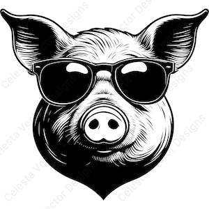 May include: A black and white illustration of a pig's head wearing sunglasses. The pig has large ears and a detailed snout. The image is a vector design, suitable for various applications.