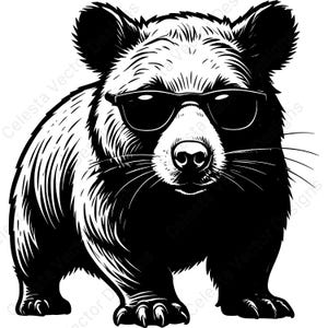 May include: Black and white illustration of a raccoon wearing sunglasses. The raccoon is depicted in a detailed, artistic style, with a focus on its fur and facial features. The image is a vector design.