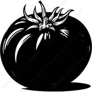 May include: A black and white illustration of a tomato. The image features a detailed depiction of the tomato's shape, with highlights and shadows. The stem and leaves are also visible. The words "Celesta Vector Designs" are in the image.