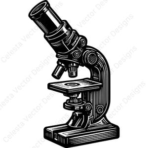 Puede incluir: Ilustración en blanco y negro de un microscopio. El microscopio tiene un ocular largo y angulado, un tubo y una platina para portaobjetos. La base es rectangular y el diseño es detallado.