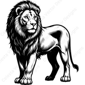Puede incluir: Ilustración en blanco y negro de un león de pie. El león tiene una melena completa y está de perfil. La imagen es un diseño vectorial.