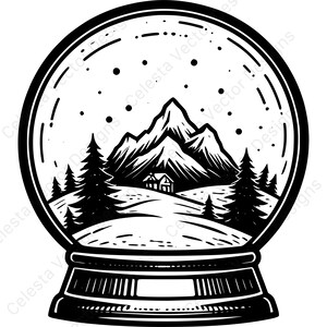 May include: Black and white illustration of a snow globe. Inside the globe is a mountain range, a small cabin, and several pine trees. The globe is sitting on a decorative base.