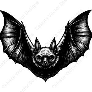 Può includere: Illustrazione in bianco e nero di un pipistrello con le ali spiegate. Il pipistrello presenta dettagliate trame di pelliccia e ali, con un'espressione sorridente. L'immagine è un design vettoriale, con il testo "Celesta Vector Designs" sullo sfondo.