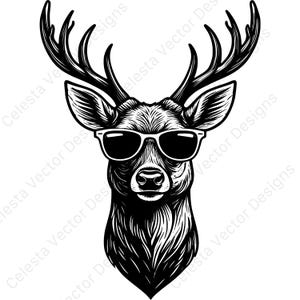 May include: Black and white illustration of a deer wearing sunglasses. The deer has large antlers and is facing forward. The image is a vector design.