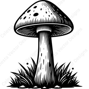 Op de afbeelding: Zwart-wit illustratie van een paddenstoel met een afgeronde hoed met stippen. De paddenstoel heeft een dikke steel en staat tegen een achtergrond van gestileerd gras. Vectorillustratie.