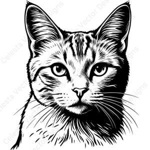 Könnte beinhalten: Schwarz-Weiß-Illustration eines Katzenkopfes. Die Katze hat große Augen, lange Schnurrhaare und detaillierte Fellmuster. Das Bild ist eine Nahaufnahme, die sich auf das Gesicht und die Gesichtszüge der Katze konzentriert. Die Ohren der Katze sind aufrecht.
