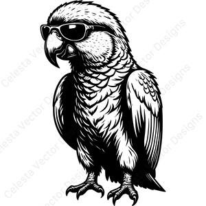 May include: Black and white illustration of a parrot wearing sunglasses. The parrot is standing with its head tilted slightly, giving it a cool and relaxed appearance. The image is a vector design.