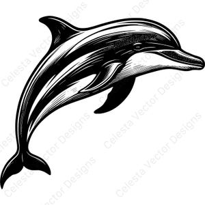May include: A black and white illustration of a dolphin leaping upwards. The dolphin is depicted with detailed linework, showcasing its streamlined body and fins. The design has a vintage, engraved style, with the text "Celesta Vector Designs" in the background.