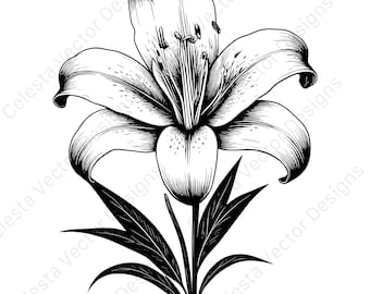 May include: Black and white line art illustration of a lily flower. The flower has large, detailed petals and is set against a white background. The stem and leaves are also black. The image is a vector design.