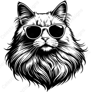 May include: Black and white illustration of a long-haired cat wearing sunglasses. The cat has a fluffy mane and a detailed, artistic design. The sunglasses are white-framed with dark lenses, giving the cat a cool appearance.