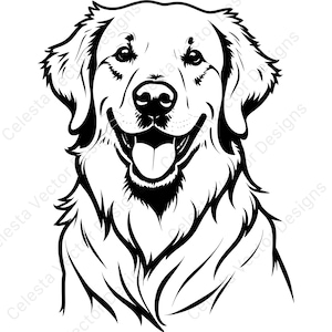May include: Black and white line art illustration of a Golden Retriever dog's face. The dog is smiling with its tongue out. The image is a vector design, perfect for pet lovers.