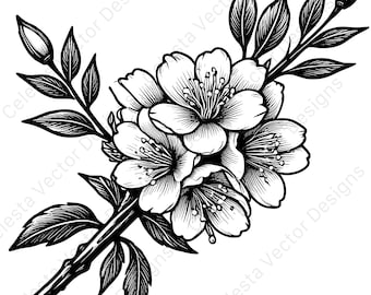 桃の花の線画クリップアート：花柄SVG、PNG、ベクター（商用利用可