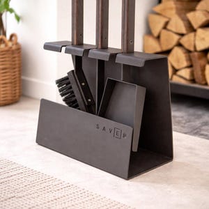 Modern Scandinavian Hearth Tool Set with Wooden Handles, Contemporary Firewood Tools and Accessories