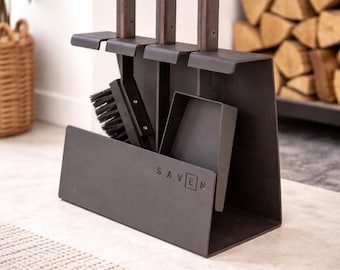 Modern Scandinavian Hearth Tool Set with Wooden Handles, Contemporary Firewood Tools and Accessories