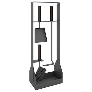 May include: A dark gray fireplace tool set with a stand. The set includes a shovel, brush, poker, and tongs. The handles are a dark brown color. The stand has a rectangular base and a tall, open frame.