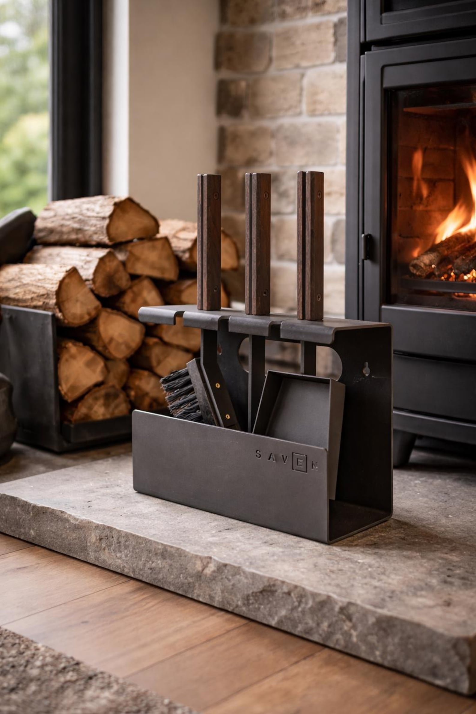 Modern Fireplace Tool Set with Wooden Handles