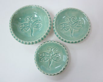 Mint green ceramic set of dragonfly spoon holders for kitchen station prep dish sauce bowl gift