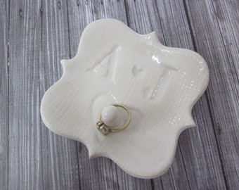 Personalized white ceramic wedding ring holder from the groom monogrammed dish