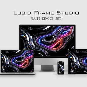 May include: A multi-device set featuring a computer monitor, laptop, tablet, and smartphone. Each device displays a vibrant, abstract design with swirling patterns in shades of black, blue, red, and orange. The text "LUCID FRAME STUDIO MULTI DEVICE SET" is at the top.