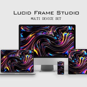 May include: A multi-device set featuring a vibrant, abstract design. The set includes a desktop computer, laptop, tablet, and smartphone, all displaying a swirling pattern of colors including yellow, pink, blue, and purple against a black background. The text "LUCID FRAME STUDIO" is at the top.