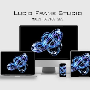 May include: A multi-device set featuring a desktop computer, laptop, tablet, and smartphone. Each device displays a vibrant, abstract design with swirling blue and purple lines against a black background. The text "LUCID FRAME STUDIO MULTI DEVICE SET" is at the top.