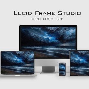 May include: A multi-device set featuring a desktop monitor, laptop, tablet, and smartphone, all displaying the same stormy ocean scene. The text "LUCID FRAME STUDIO MULTI DEVICE SET" is at the top.
