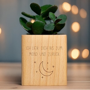 Könnte beinhalten: Ein kleiner, quadratischer Holztopf mit einer Sukkulentenpflanze. Der Topf hat eingravierten Text und ein Mond-Design mit Sternen. Der Text lautet "ICH LIEB' DICH BIS ZUM MOND UND ZURÜCK". Die Pflanze hat grüne Blätter.