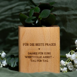 May include: A wooden planter box with a small succulent plant. The box has engraved text in German that reads "FÜR DIE BESTE PRAXIS" and "DANKE FÜR EURE WERTVOLLE ARBEIT - TAG FÜR TAG."
