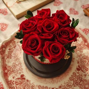 Vintage red eternal rose under glass dome - dried flower arrangement anniversary original gift home decoration