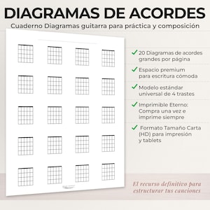 Puede incluir: Una página de cuaderno con diagramas de acordes de guitarra en blanco con veinte cuadrículas negras para cuatro trastes. El texto dice: DIAGRAMAS DE ACORDES, Cuaderno Diagramas guitarra para práctica y composición, 20 Diagramas de acordes grandes por página, Espacio premium para escritura cómoda, Modelo estándar universal de 4 trastes, Imprimible Eterno, Formato Tamaño Carta (HD) para impresión y tablets, El recurso definitivo para estructurar tus canciones.